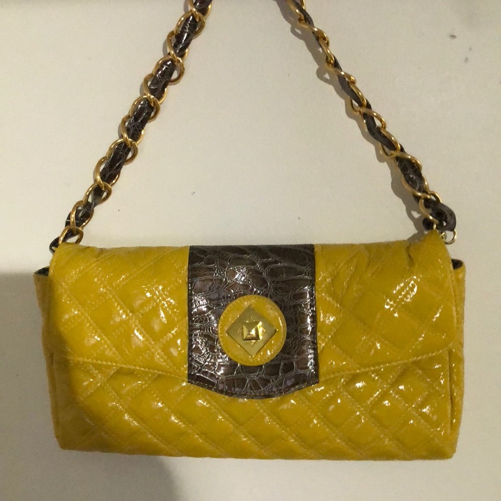 Yellow and brown fux snakeskin clutch with Chain